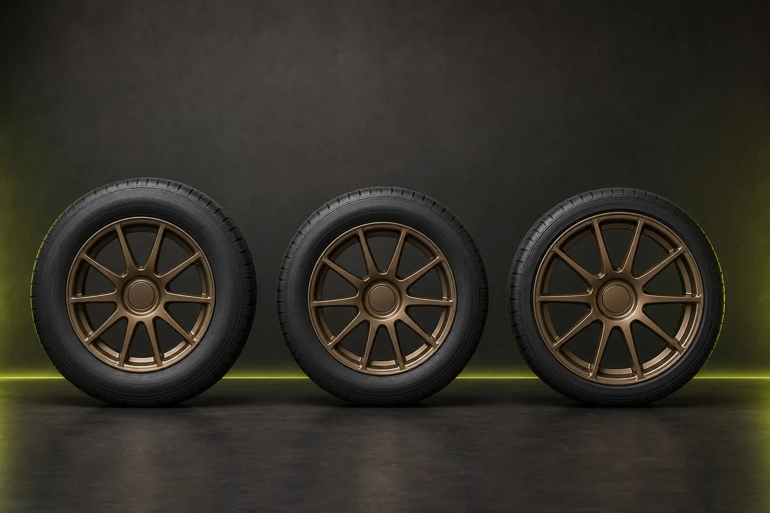 Three bronze wheel and tire assemblies showing progressively lower tire sidewall proportions