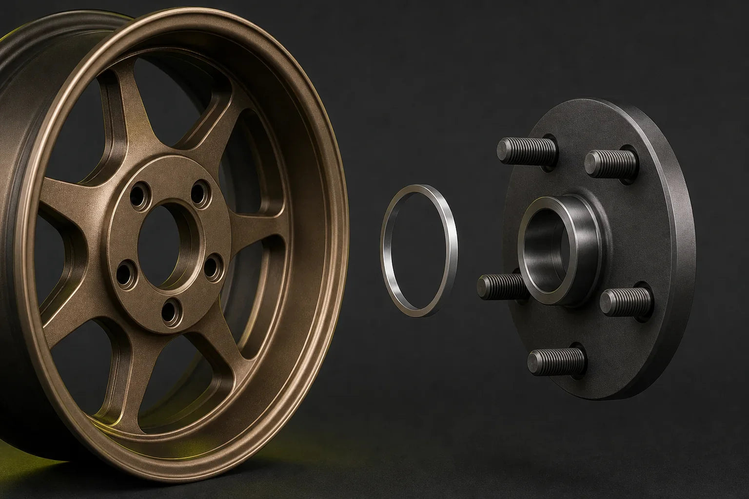 Exploded view of a five-stud hub, thin hub-centric ring and five-lug bronze alloy wheel