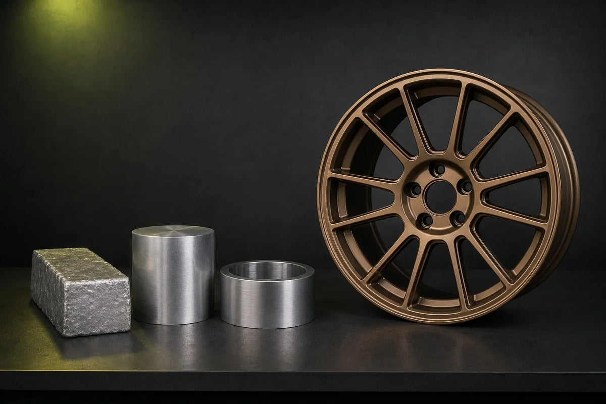 Finished bronze alloy wheel beside cast, forged and rolled aluminum material forms