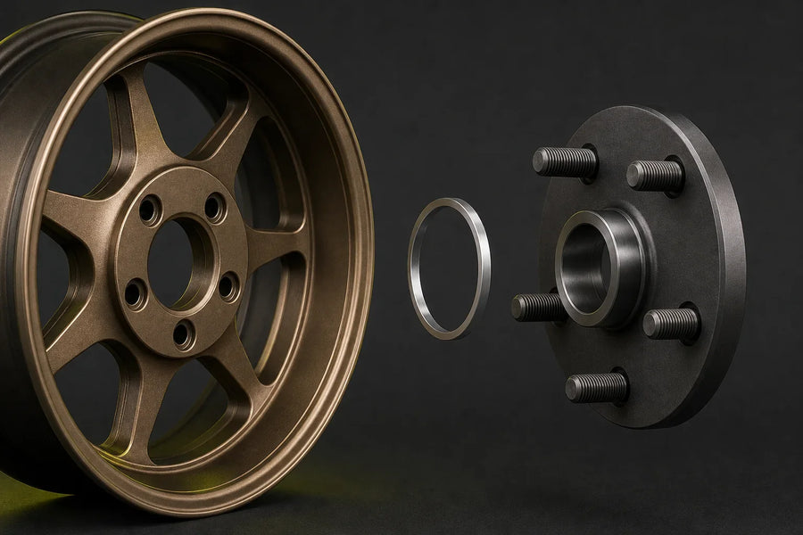 Exploded view of a five-stud hub, thin hub-centric ring and five-lug bronze alloy wheel