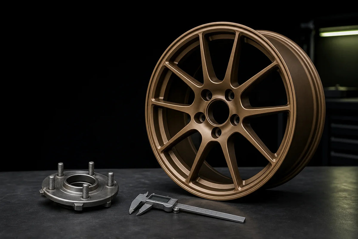 Bronze five-lug alloy wheel beside a five-stud hub and digital caliper during fitment preparation